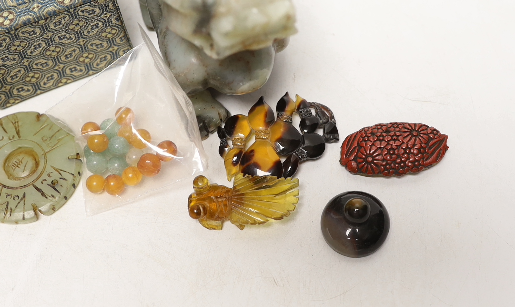 Chinese hardstone Lion dog and various small Chinese collectibles etc, Lion Dog 14cm wide